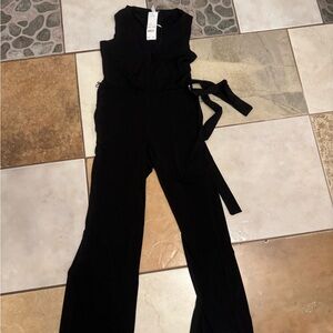 NY Collection Black Sleeveless Wrap Jumpsuit with Waist Tie
